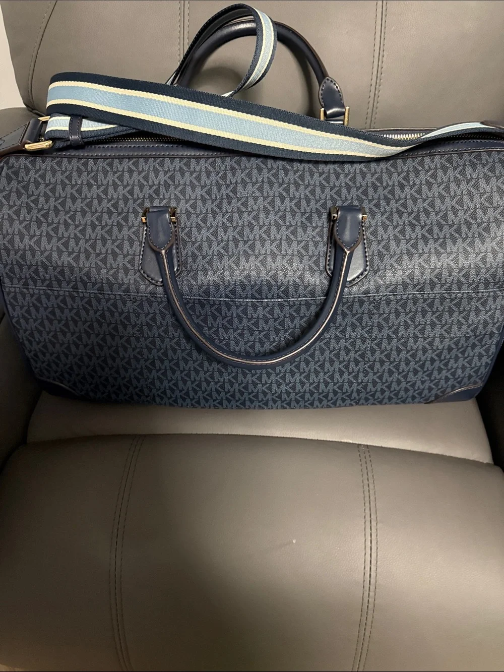 Michael Kors Navy MK Logo Duffel with Striped Blue-White Strap